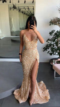 Goldenes Verlobungskleid mit Spaghettiträgern, Ballkleid mit Beinschlitz, Paillettenabendkleid Y71