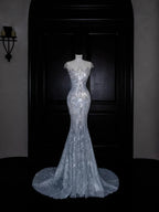 Beautiful Mermaid Sequin Beaded Evening Dress Blue Tulle Prom Dress Y8690