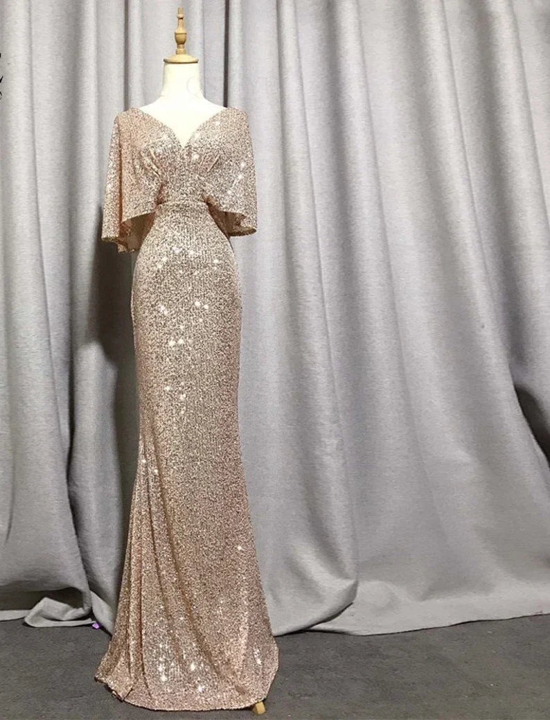 Mermaid Short Sleeves Sexy V Neck Evening Dress, Elegant Glitter Bat Sleeves Formal Party Dress Y1390