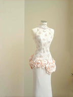 Vestido de noche elegante rosa claro de satén con encaje, lentejuelas y cuentas, abertura, corte sirena, vestido de gala Y8672