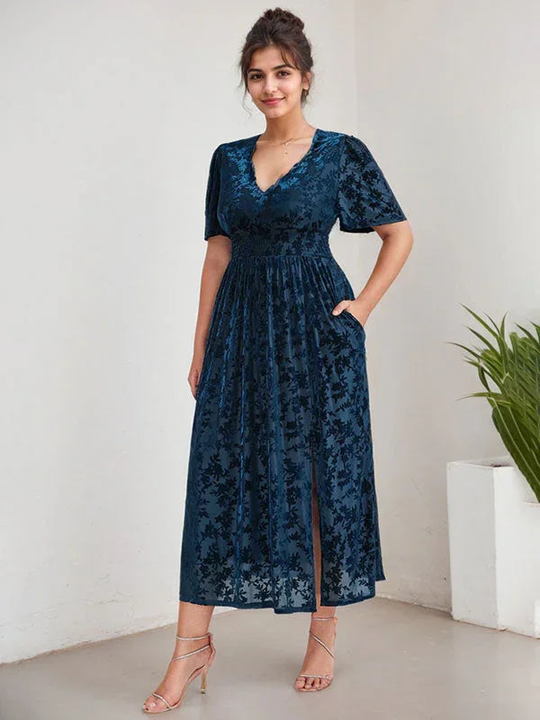 Abito da madre della sposa in velluto, linea a trapezio, scollo a V, lunghezza tè, taglia forte