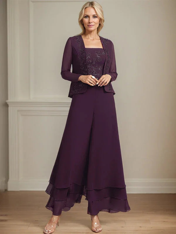 Getrennter Overall/Hosenanzug mit quadratischem Ausschnitt, knöchellang, aus Spitzenchiffon, Brautmutterkleid mit Pailletten
