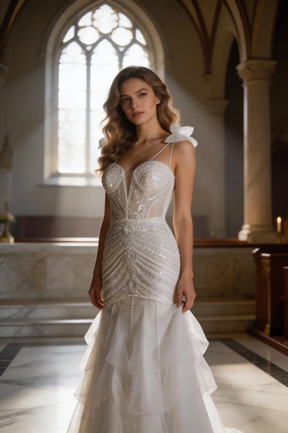White Beaded Mermaid Wedding Dress, Deep V Neck Ruffle Bridal Gown by tangjianjun