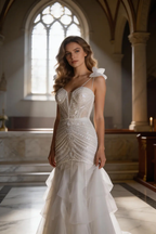 White Beaded Mermaid Wedding Dress, Deep V Neck Ruffle Bridal Gown by tangjianjun