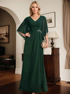 Vestido de Mãe da Noiva em Chiffon, Comprimento até ao Chão, Decote em V, Modelo Coluna com Pregas e Bordados de Lantejoulas