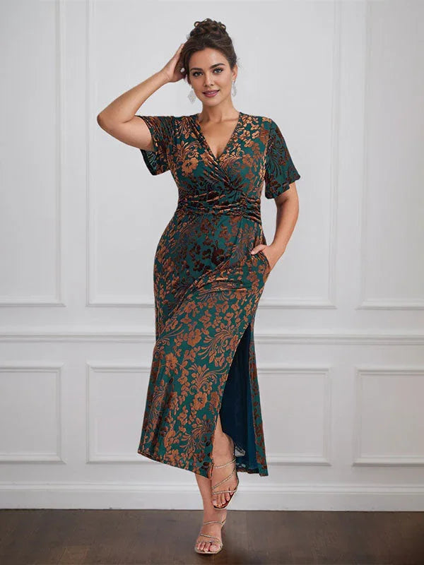 Vintage Plain V-Neck Short Sleeves Velvet Tea-Length Mother of the Bride Dress With Slit