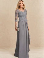 A-line Scoop Illusion Floor-Length Chiffon Lace Mother of the Bride Dress With Beading Sequins Cascading Ruffles