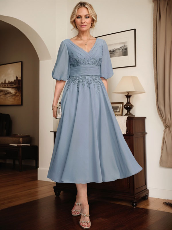A-line V-Neck Tea-Length Lace Chiffon Mother of the Bride Dress With Pleated