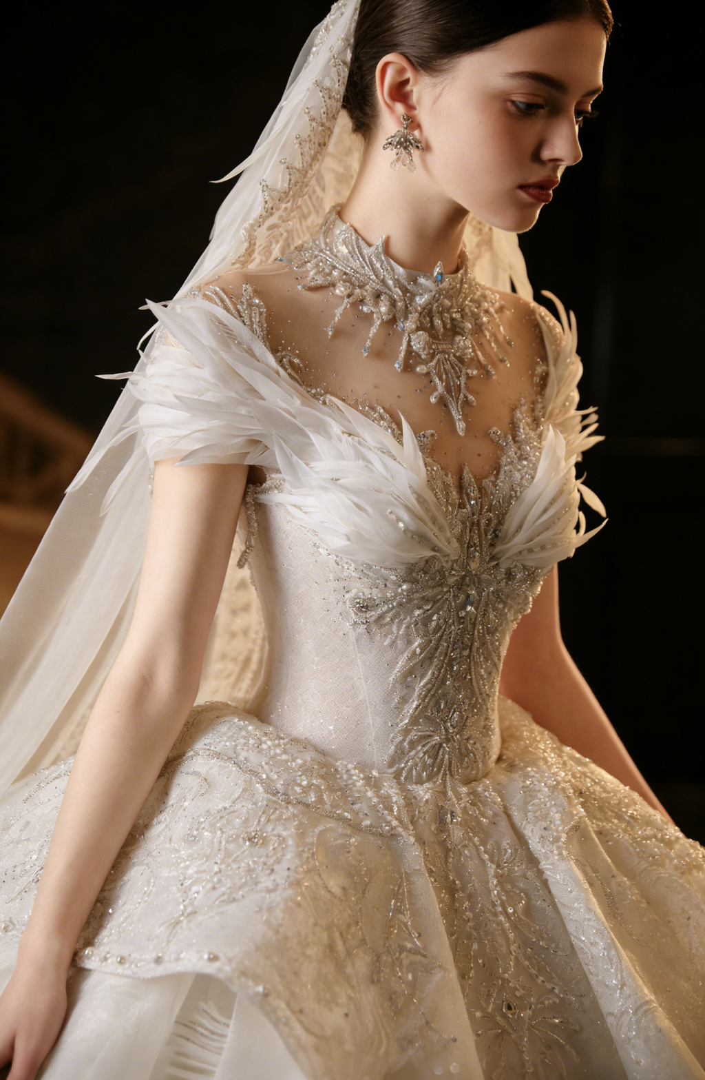 Abito da sposa sontuoso con piume, collo alto, gonna ampia, ricami con perline e strascico