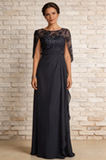 Dark Navy Lace Cape Sleeve Chiffon A-Line Mother of the Bride Formal Gown by tangjianjun