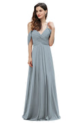Vestido elegante de dama de honor com alças finas e decote ombro a ombro, em chiffon, corte evasê, comprimento até ao chão, para festa de casamento