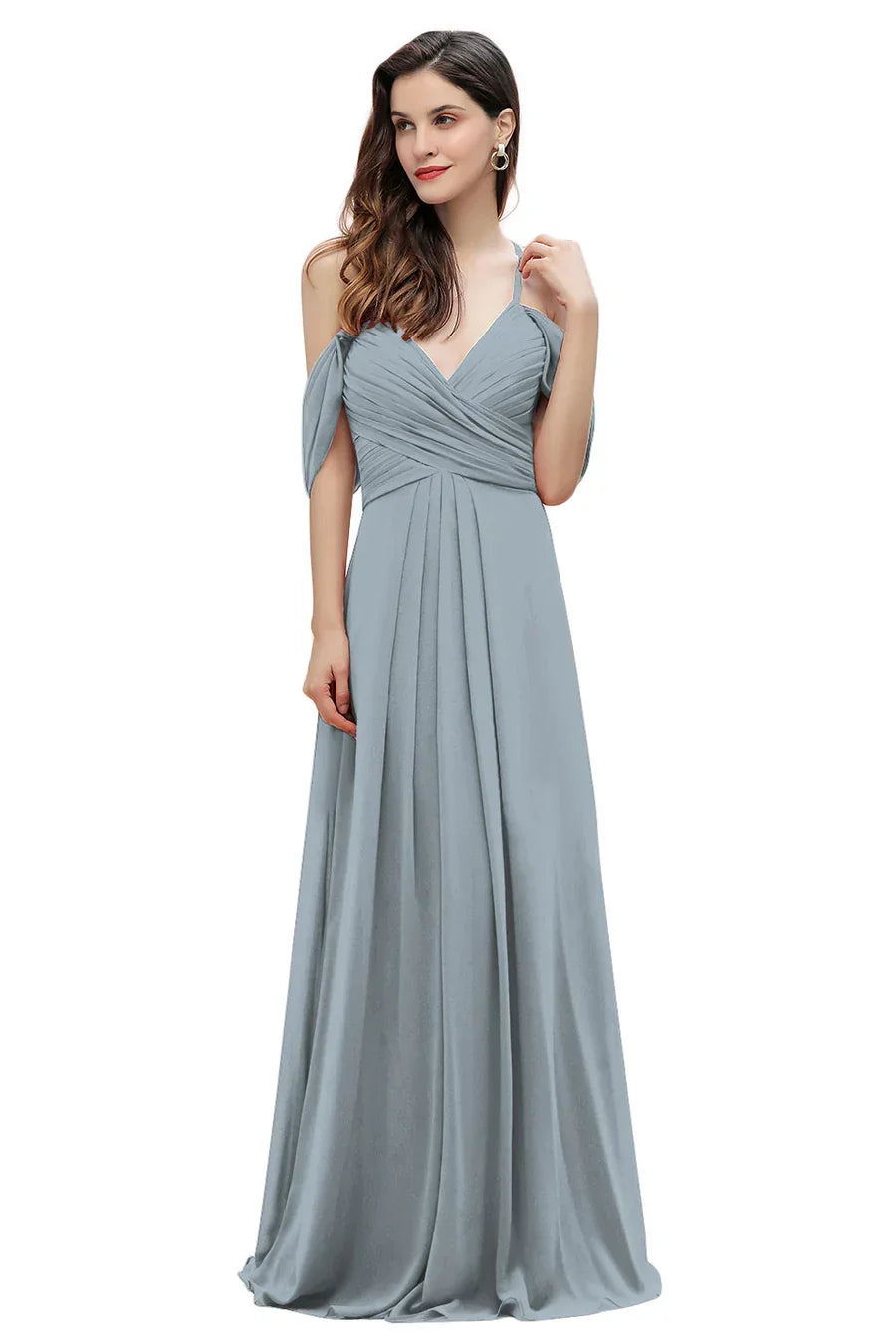 Vestido elegante de dama de honor com alças finas e decote ombro a ombro, em chiffon, corte evasê, comprimento até ao chão, para festa de casamento