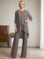 Tuta Separata/Completo Pantaloni Scollo a U Lunghezza Pavimento Chiffon Pizzo Abito Madre della Sposa con Perline e Paillettes