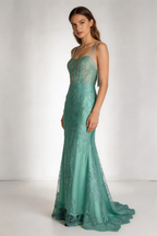 Mint Green Sheer Corset Mermaid Evening Gown, Lace Applique Formal Prom Dress by tangjianjun