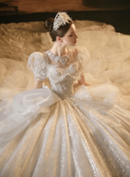 Puff Sleeve Beaded Ball Gown Wedding Dress with Train
