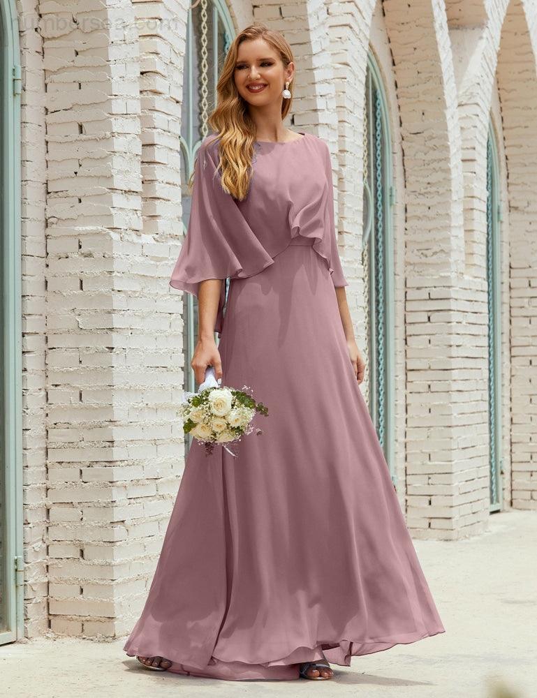 Bridesmaid Dress Women Long Sleeve V-Neck Chiffon Formal Wedding Party Dress 28018