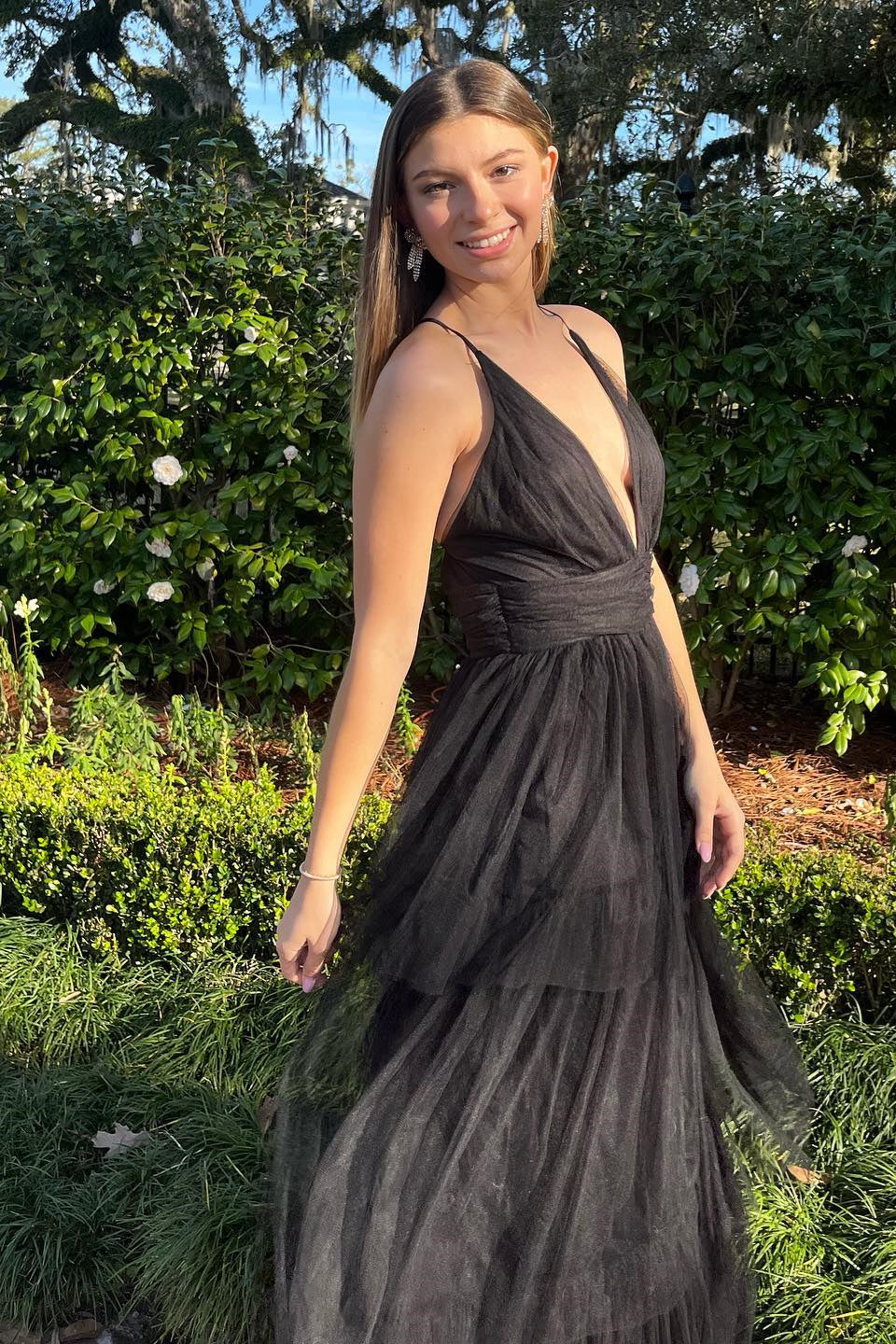 A-line Deep V Neck Cross Back Tulle Multi-Layers Long Prom Dress
