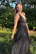 A-line Deep V Neck Cross Back Tulle Multi-Layers Long Prom Dress