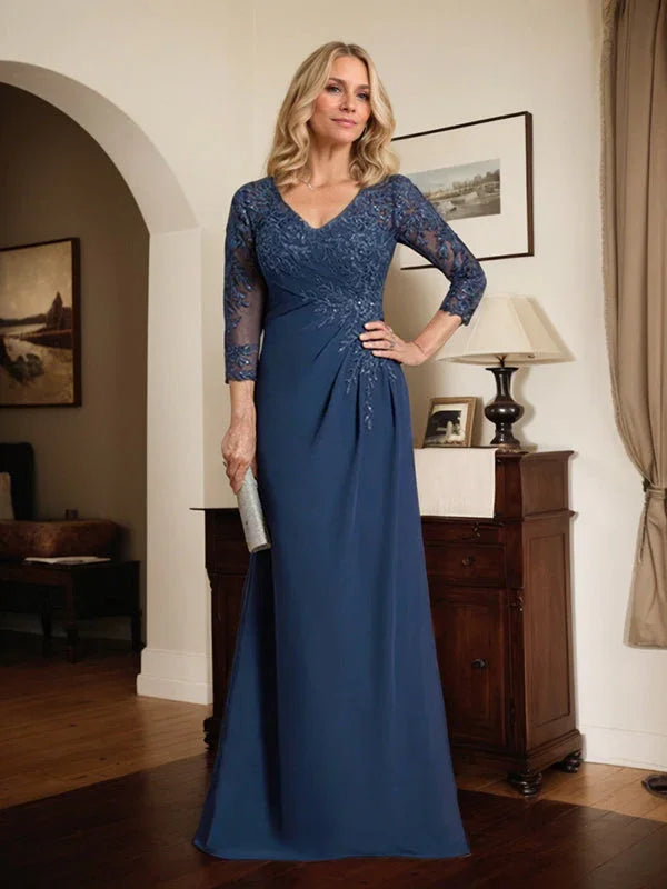 Vestido de Mãe da Noiva em Renda e Chiffon com Decote em V, Corte Coluna, Ilusão, Comprimento até ao Chão, com Lantejoulas Pregueadas
