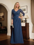 Vestido de Mãe da Noiva em Renda e Chiffon com Decote em V, Corte Coluna, Ilusão, Comprimento até ao Chão, com Lantejoulas Pregueadas