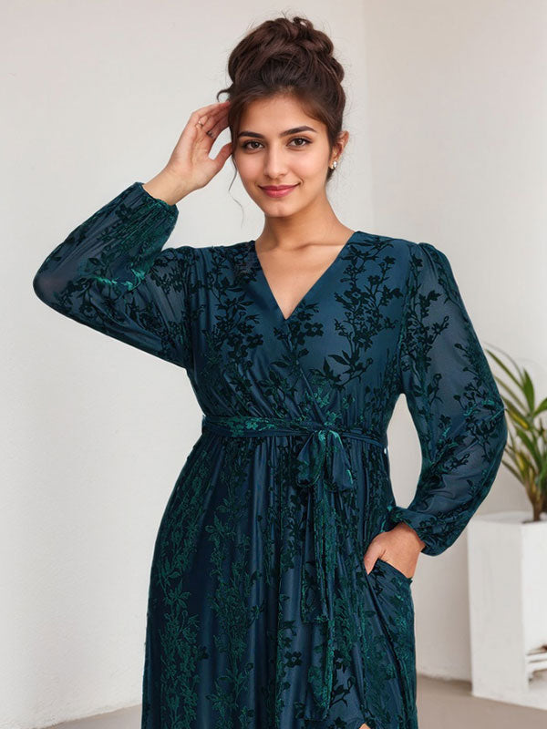 A-Line V-Neck Long Sleeves Velvet Tea-Length Mother of the Bride Dress With Split
