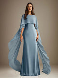 Robe mère de la mariée en mousseline, coupe droite/col bateau, longueur au sol, avec volants en cascade