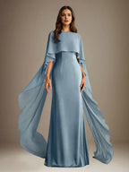 Robe mère de la mariée en mousseline, coupe droite/col bateau, longueur au sol, avec volants en cascade