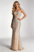 Champagne Beaded Mermaid Evening Gown - Strapless Sequin Formal Dress by tangjianjun