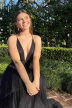 A-line Deep V Neck Cross Back Tulle Multi-Layers Long Prom Dress