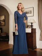Vestido de Mãe da Noiva em Renda e Chiffon com Decote em V, Corte Coluna, Ilusão, Comprimento até ao Chão, com Lantejoulas Pregueadas