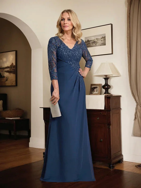 Vestido de madrina de novia con escote en V ilusión, corte columna, largo hasta el suelo, de encaje y gasa con lentejuelas plisadas
