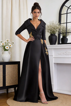 Black Satin Gold Embroidered Formal Gown, Lapel V-Neck High Slit Evening Dress by tangjianjun