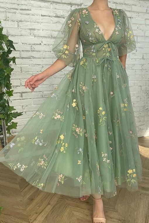 Vestidos cortos de fiesta con escote en V verde, mangas cortas, largo hasta el tobillo, de tul floral
