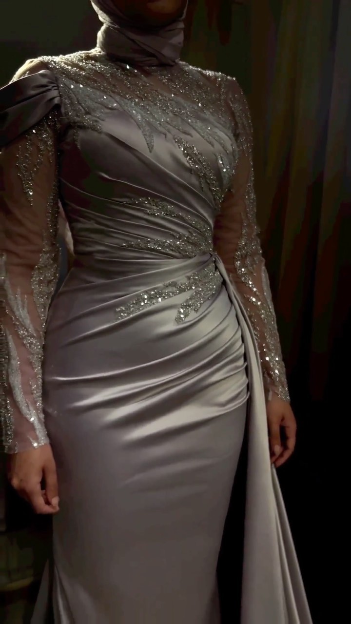 Vestido de Noite Elegante com Mangas Compridas Sereia Vestido de Gala Y6717