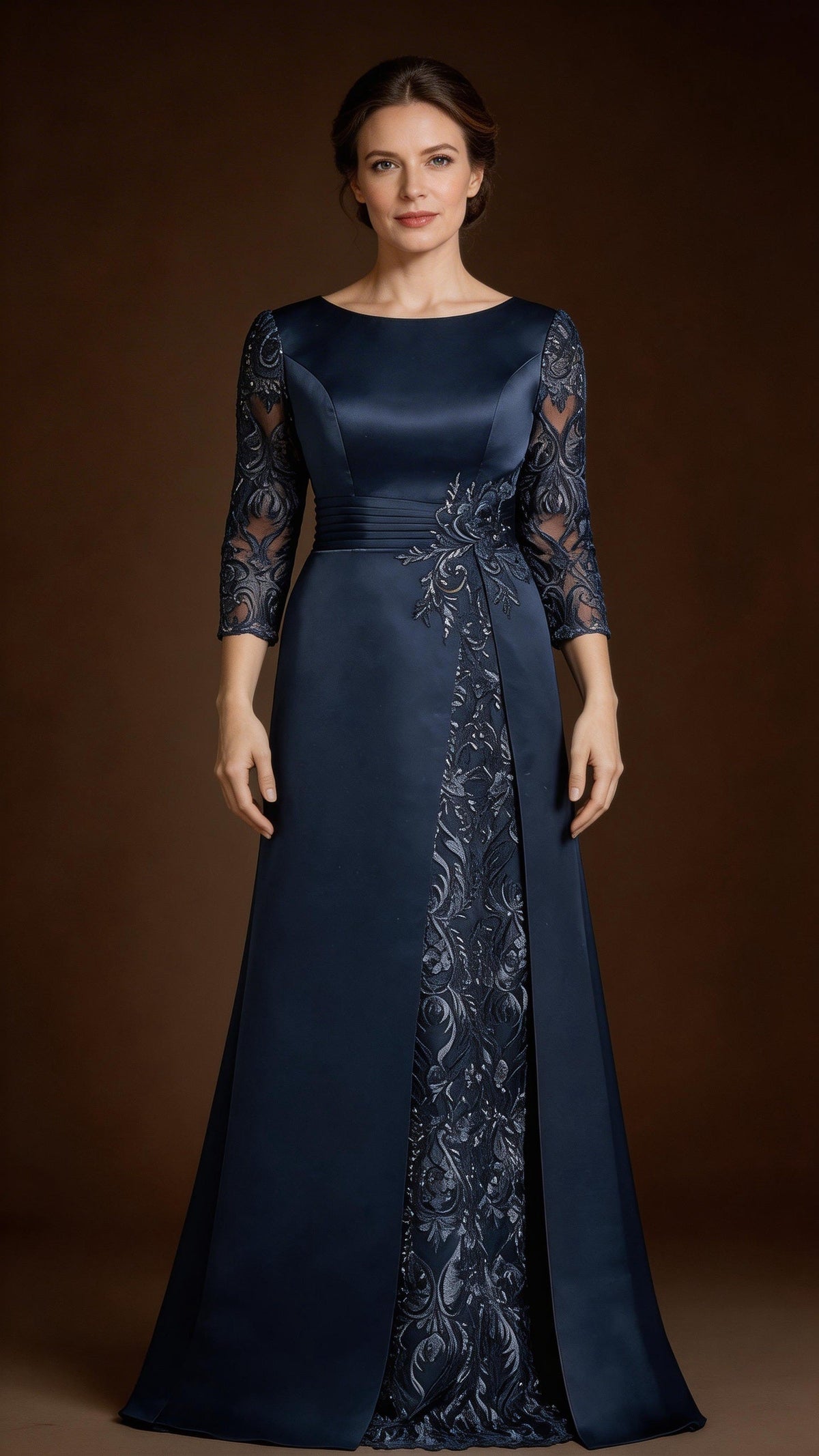 A-Line Scoop Floor-Length Lace Satin Mother Of the Bride Dress With Applique by Dreamylily
