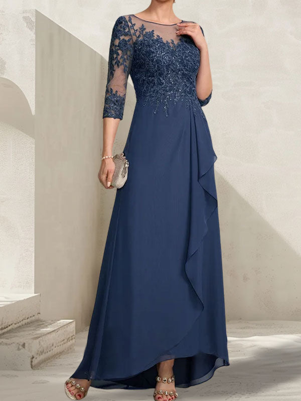 A-line Scoop Illusion Asymmetrical Lace Chiffon Mother of the Bride Dress With Sequins Cascading Ruffles