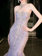 Vestido de Noiva e Baile de Finalistas em Tule Lilás Deslumbrante com Contas, Vestido de Noite Sereia Y8057