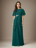 Abito a guaina blu scuro in chiffon con perline