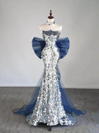 Vestido de Noite Longo com Lantejoulas Prateadas e Cauda de Sereia para Baile com Laço Y7746