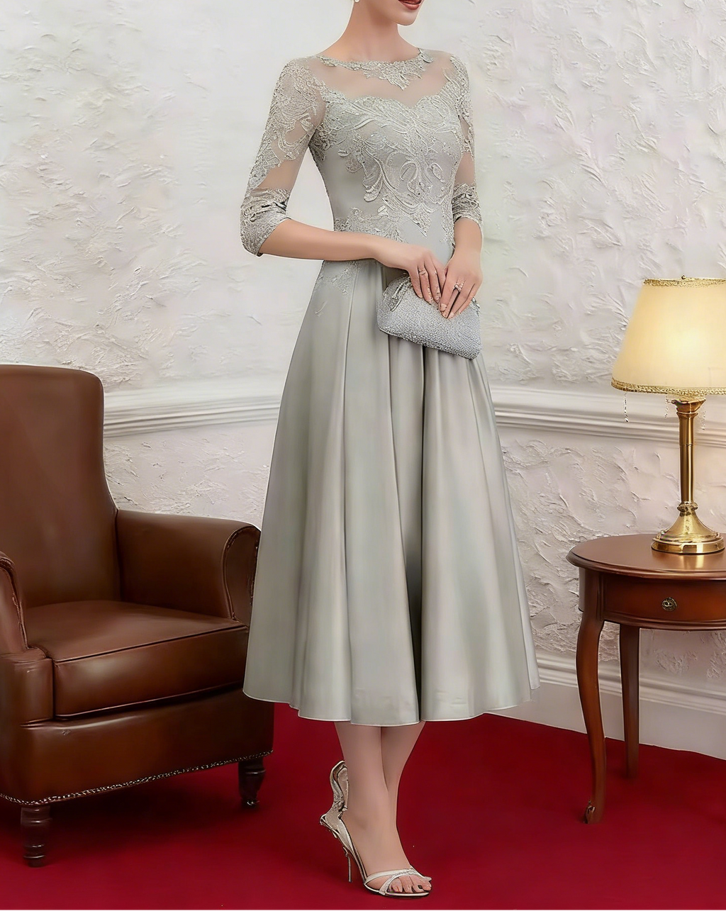 Robe de soirée en satin mi-longue avec application de dentelle | Robe à manches mi-longues pour la mère de la mariée