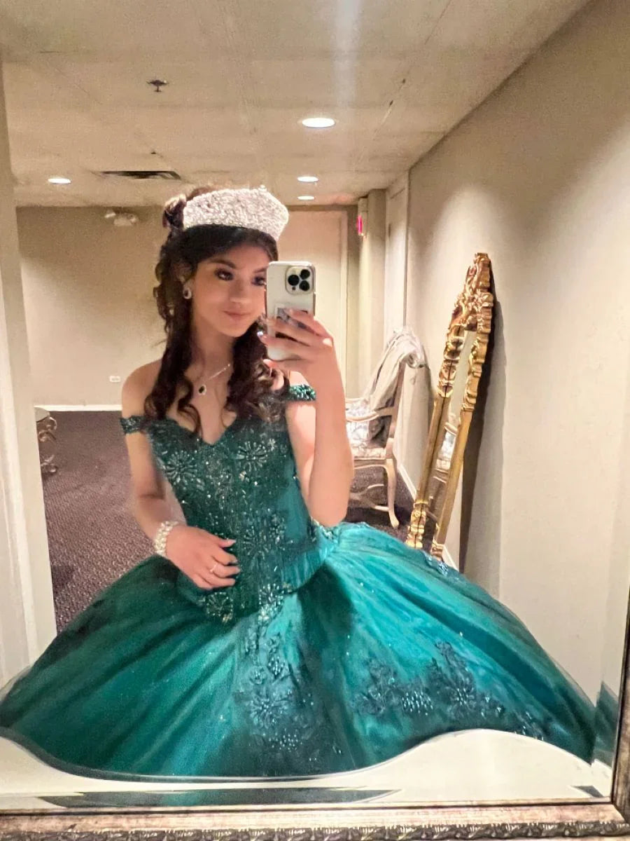 Vestido Verde de Baixo dos Ombros para Baile de Debutante Y6085
