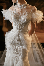 Beaded Mermaid Wedding Dress with High Neck & Ruffled Tulle Sleeves