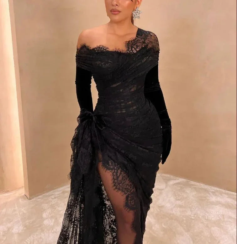 Vestido de Baile Elegante em Renda Preta Assimétrico com Fenda Alta Vestido Longo de Noite Y7984
