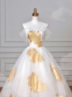 Wunderschönes goldfarbenes Tüllkleid mit schulterfreiem Ausschnitt, Ballkleid, A-Linien-Abendkleid, Abschlussballkleid Y8618