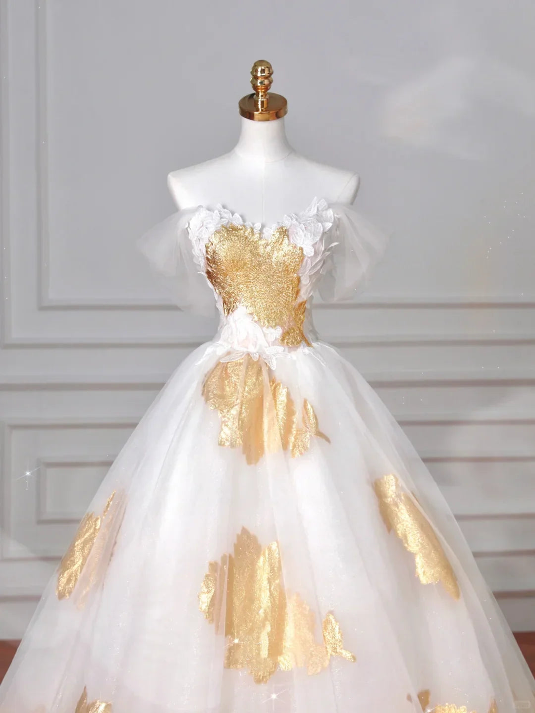 Wunderschönes goldfarbenes Tüllkleid mit schulterfreiem Ausschnitt, Ballkleid, A-Linien-Abendkleid, Abschlussballkleid Y8618
