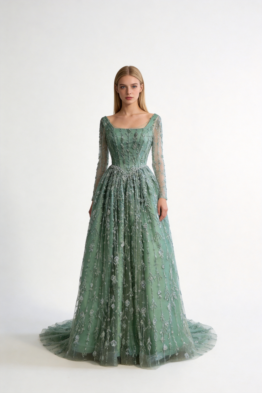 Luxuriöses Abendkleid in Salbeigrün mit Perlenbesatz und langen Ärmeln LA72805B