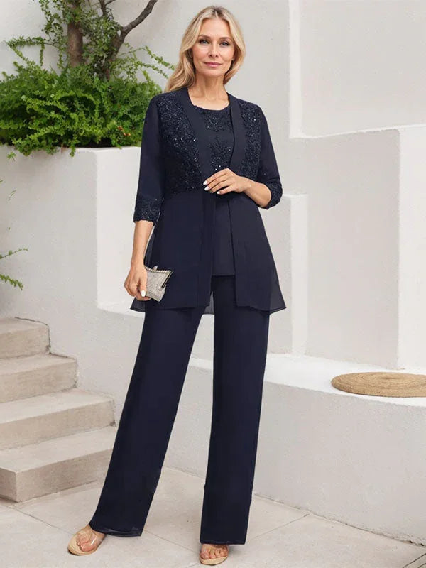 Tuta/Pantaloni Separati con Scollo a U, Lunghezza a Terra, in Chiffon e Pizzo, Abito per Madre della Sposa con Paillettes