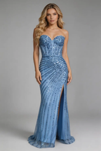Sky Blue Strapless Sequin Mermaid Prom Dress, Formal Evening Gown with High Slit by tangjianjun