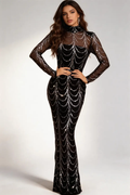 Luxury Black Silver Sequin Mesh Mermaid Evening Gown, Long Sleeve Formal Prom Dress by tangjianjun