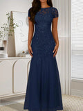 Abito in tulle con scollo a sirena e paillettes blu marina scuro